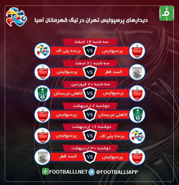  برنامه کامل بازیهای پرسپولیس در دور گروهی لیگ قهرمانان آسیا