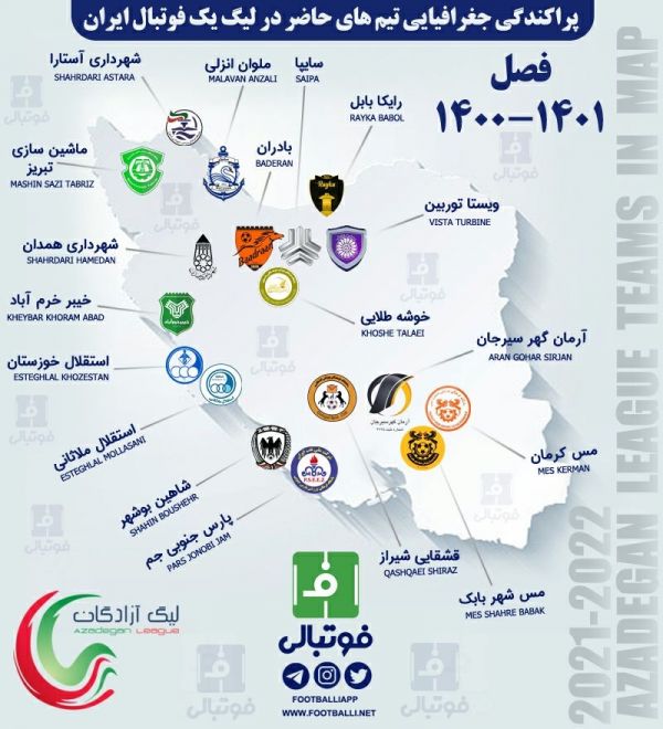  اینفوگرافی اختصاصی  پراکندگی جغرافیایی تیم های حاضر در لیگ یک فوتبال ایران