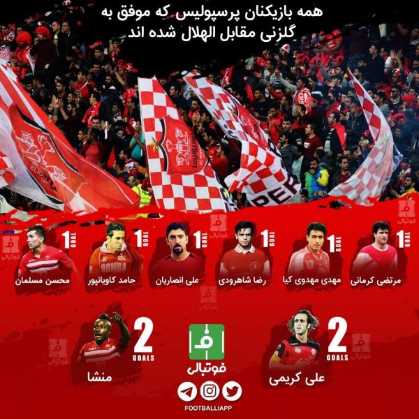  اینفوگرافی اختصاصی  همه بازیکنان پرسپولیس که موفق به گلزنی مقابل الهلال شده‌اند