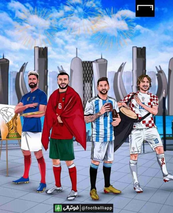  طرح سایت گل از ستاره های چهار تیم کرواسی، آرژانتین، مراکش و فرانسه که دو بازی نیمه نهایی جام جهانی ۲۰۲۲ قطر را برگزار می کنند