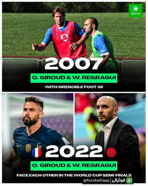  وقتی سرمربی مراکش با ژیرو هم‌تیمی بود   ولید رگراگی با اولیویه ژیرو بین سال های 2007 تا 2009 در تیم گرونوبل که یک باشگاه فرانسوی است، هم‌تیمی بودند