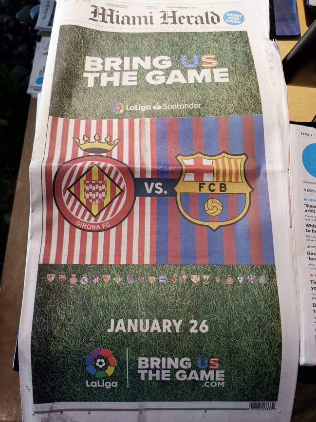 تبلیغ برگزاری بازی جیرونا – بارسلونا در میامی در یک نشریه آمریکایی