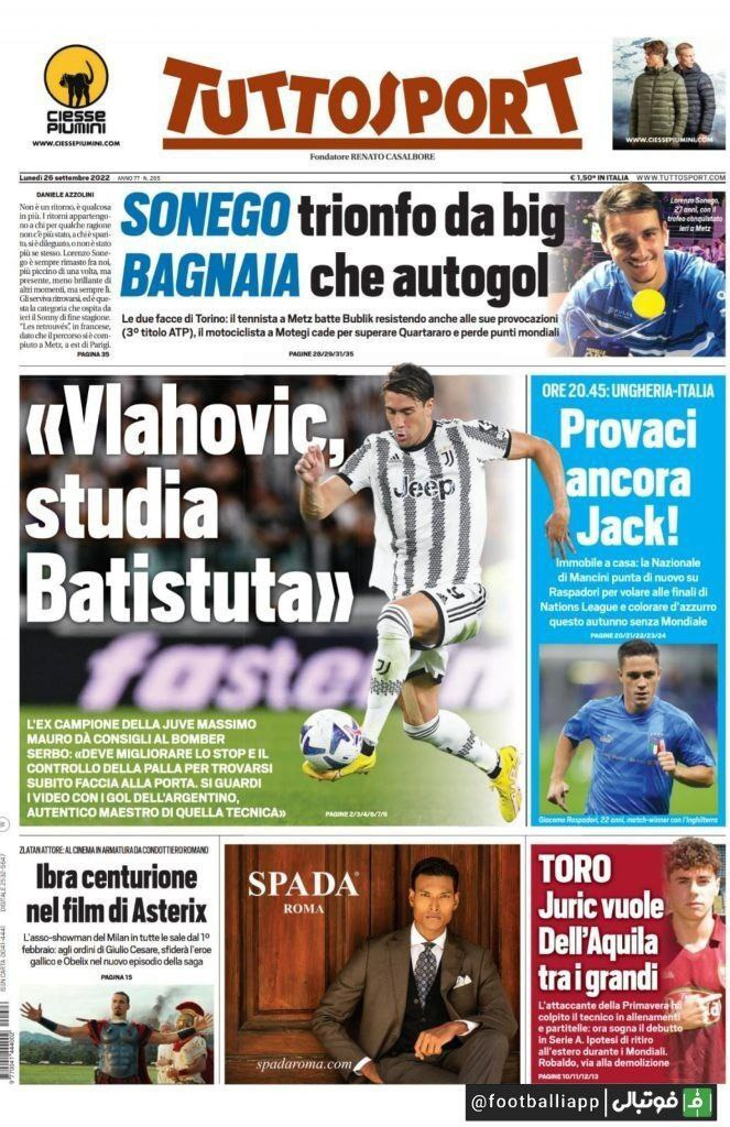 جلد روزنامه‌های ورزشی ایتالیا؛ گاتزتادلواسپورت و توتواسپورت