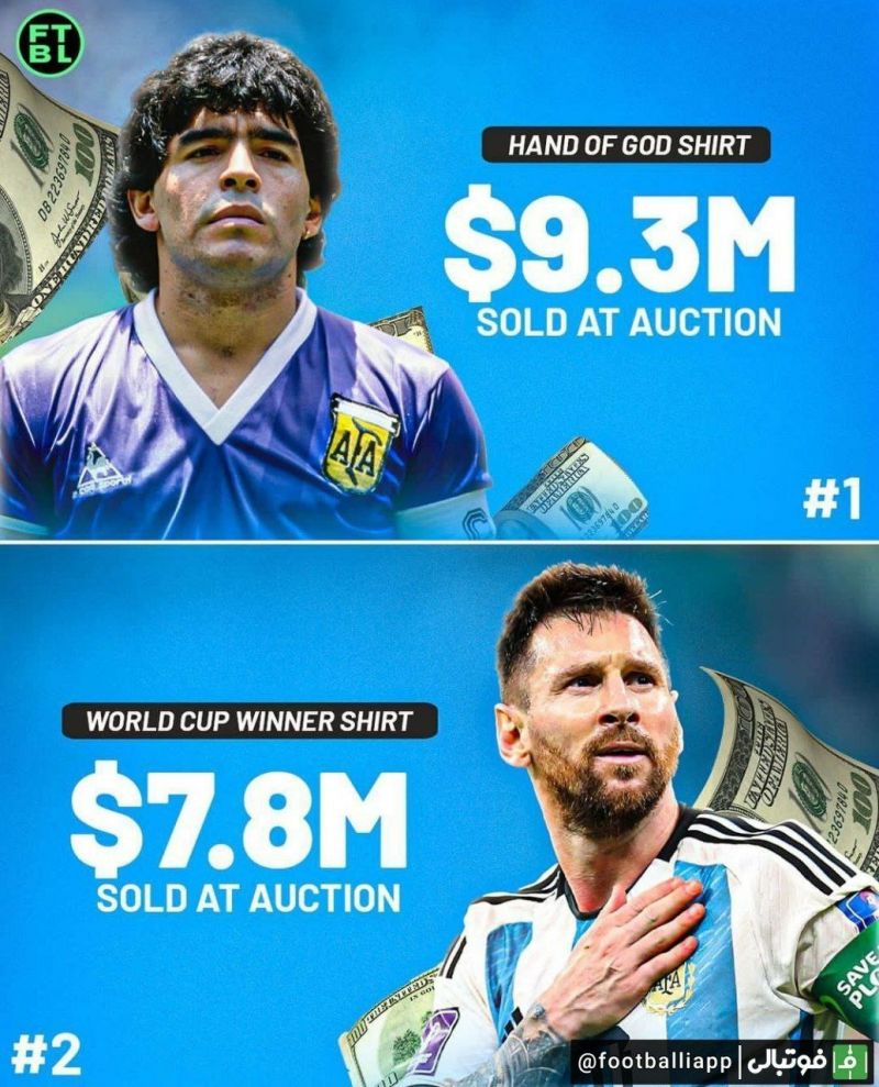 اینفوگرافی/ گران‌ترین پیراهن‌های فوتبالی که در حراجی فروخته شدند/ پیراهن مارادونا (پیراهن دست خدا) و لیونل مسی