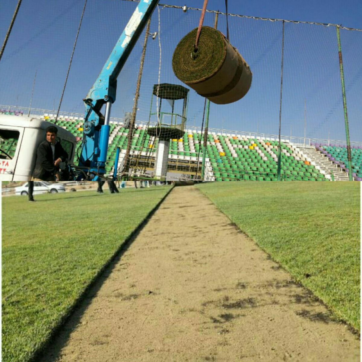 پهن کردن رول چمن در ورزشگاه فولادشهر (عکس)