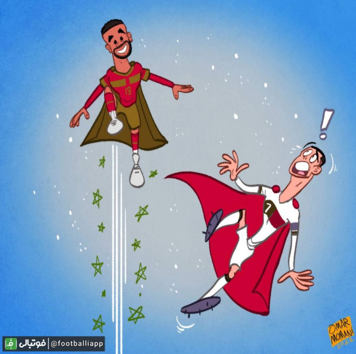 کاریکاتور جالب عمر مومنی از ثبت رکورد پرش در جام جهانی ۲۰۲۲ توسط یوسف النصیری با ارتفاع ۲.۷۵ متری