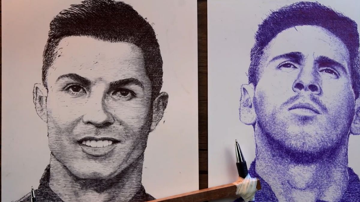 طراحی چهره همزمان دو ستاره فوتبال جهان مسی و رونالدو